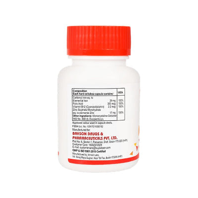 Bakson's Ferrum Plus Capsules with Iron, Folic Acid, Vitamin B12, Zinc, 0.10 kg